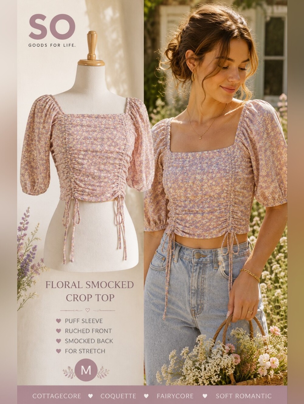 SO Floral Smocked Crop Top Mauve Puff Sleeve Milkmaid Cottagecore M